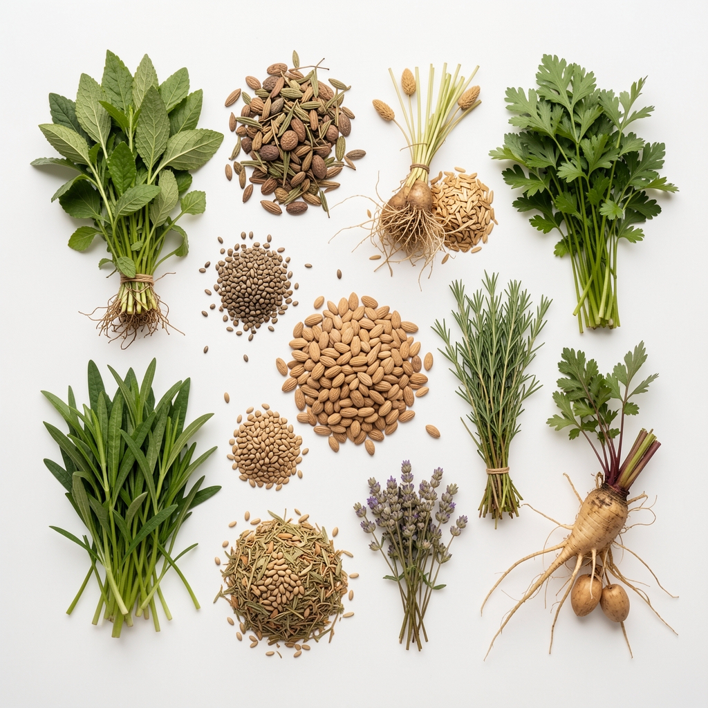 Vue aérienne de diverses herbes fraîches et séchées, graines et racines disposées sur fond blanc mat, composition botanique ordonnée avec lumière douce et diffuse