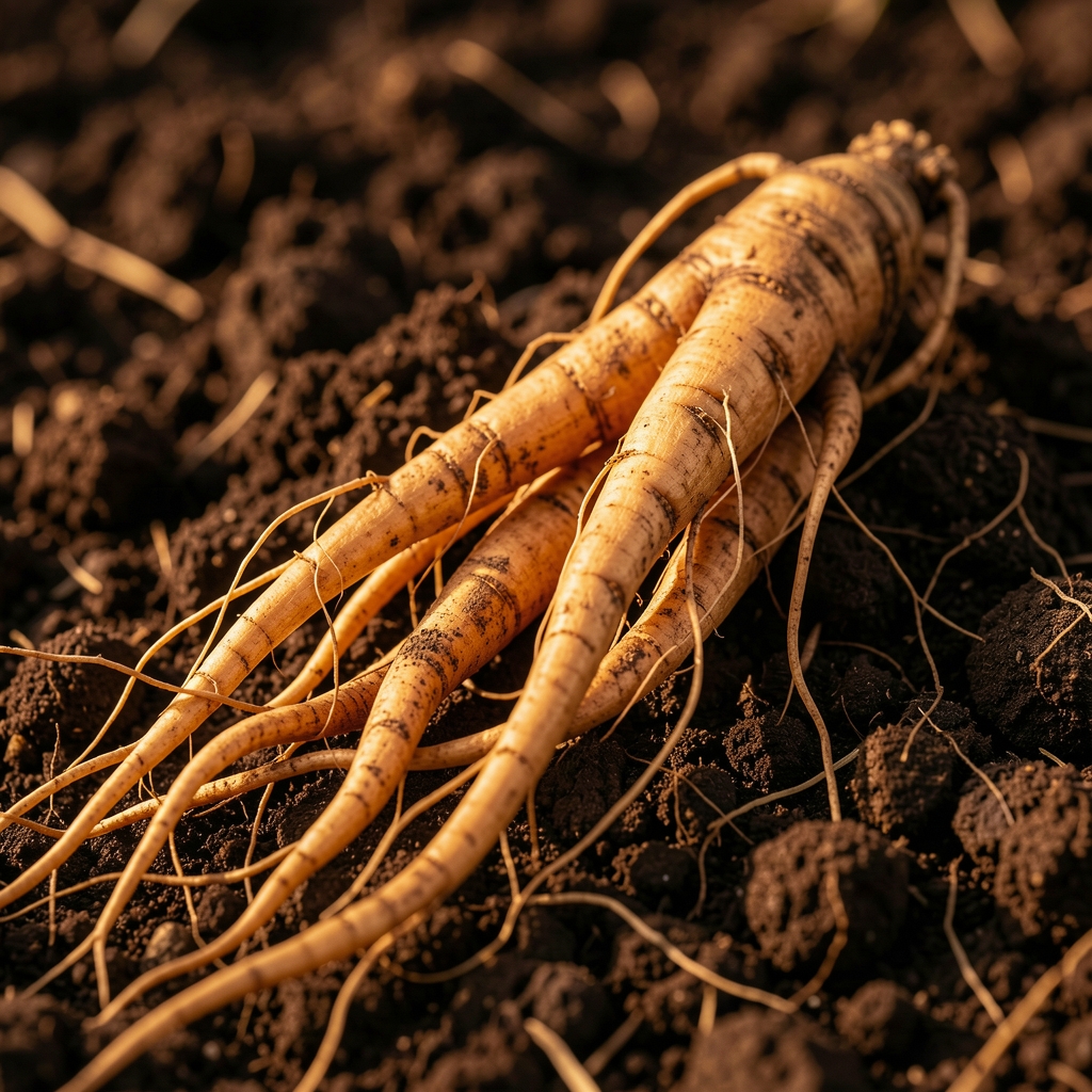 Racine de ginseng brune et noueuse sur fond de terre sombre, avec détails texturaux et filaments racinaires visibles, éclairage warm naturel