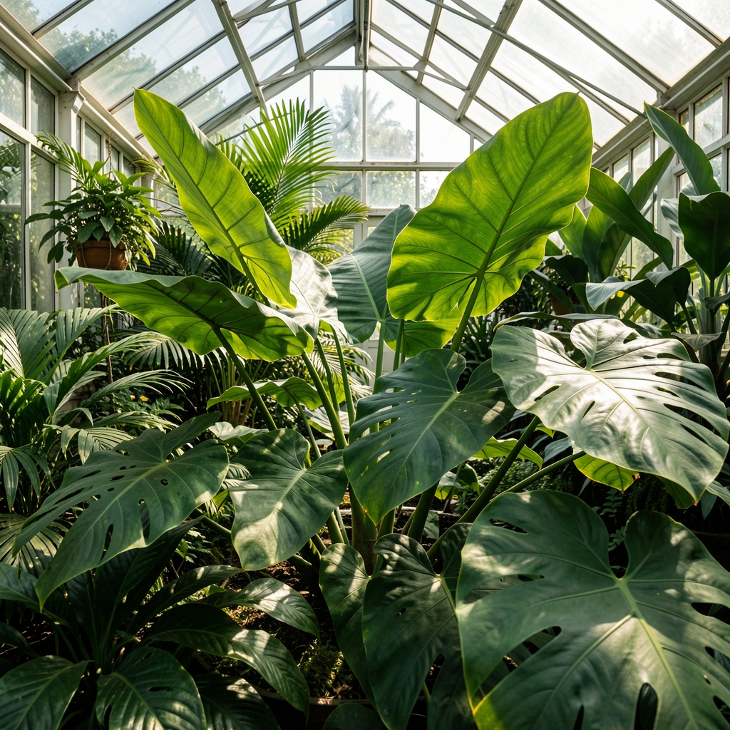 Plantes tropicales luxuriantes avec larges feuilles vertes brillantes dans une serre lumineuse, haut contraste de lumière naturelle et textures végétales détaillées